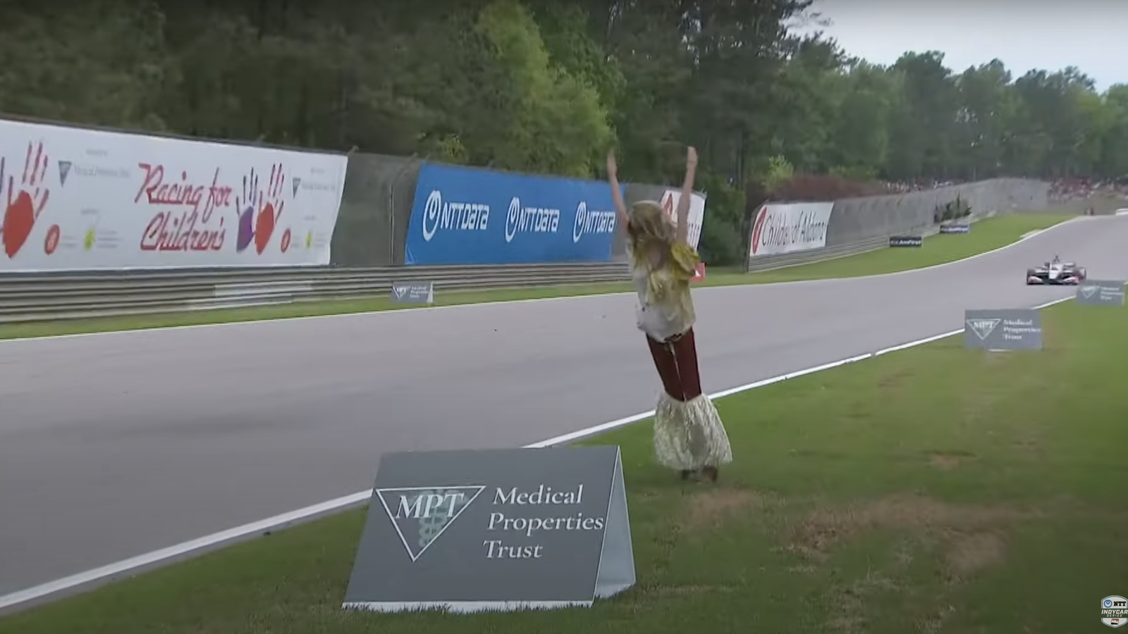 Mannequin falls onto the track during the Barber IndyCar race